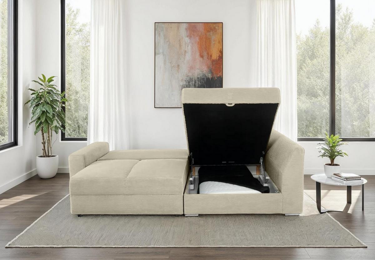 ECKSOFA-DAUERSCHLÄFER Boxspring Federkern Topper Bettkasten, seitenverkehrt montierbar B260/T181/H88 cm, Cord Beige Grau / 15235 - Chromfarben/Greige, Textil/Metall (260/181cm) - luma-home