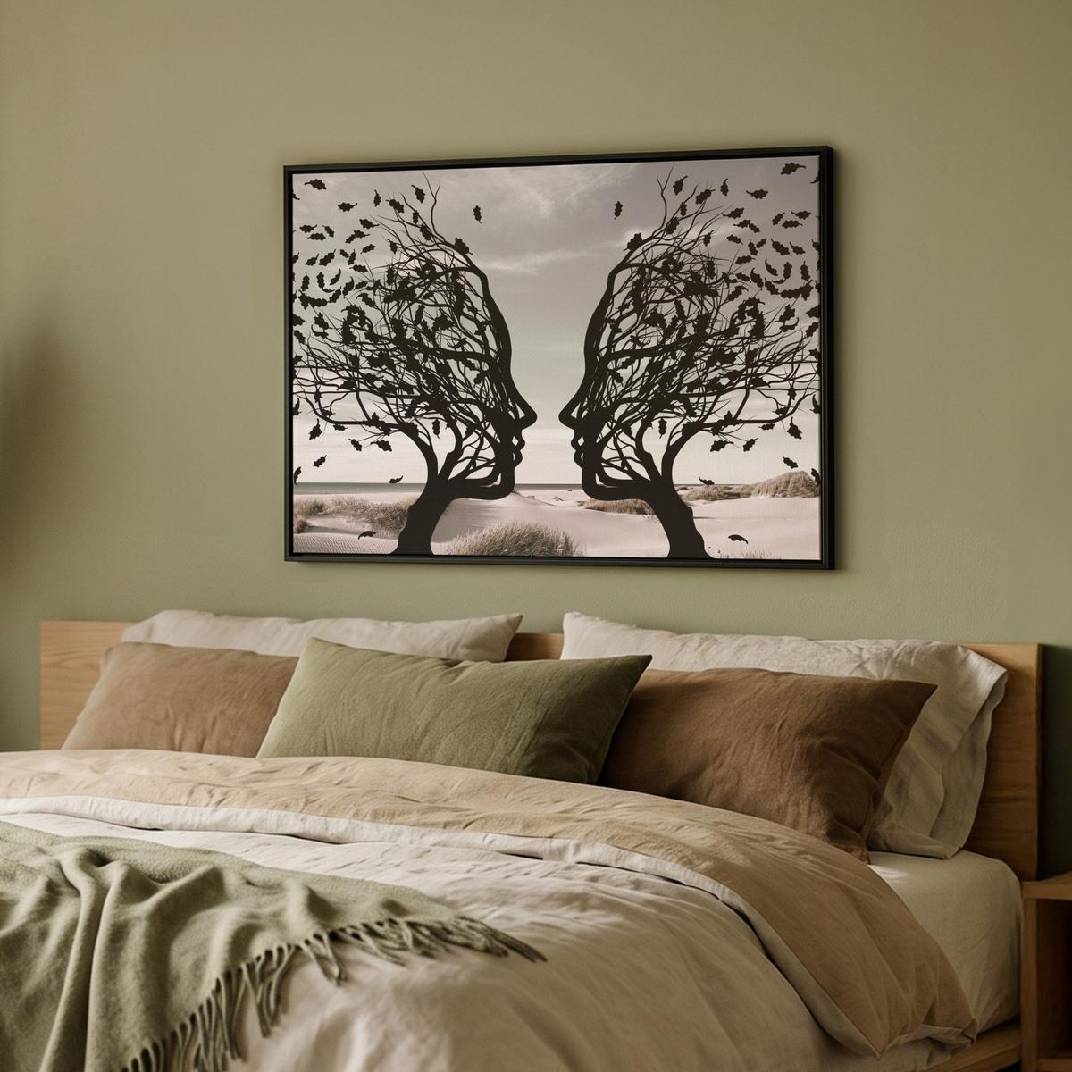 LEINWAND Bilder mit Rahmen - Strand - Meer - Menschen - Baum - Moderne Kunst - 70x50 - Hellgrau, Textil (70/50cm) - MuchoWow