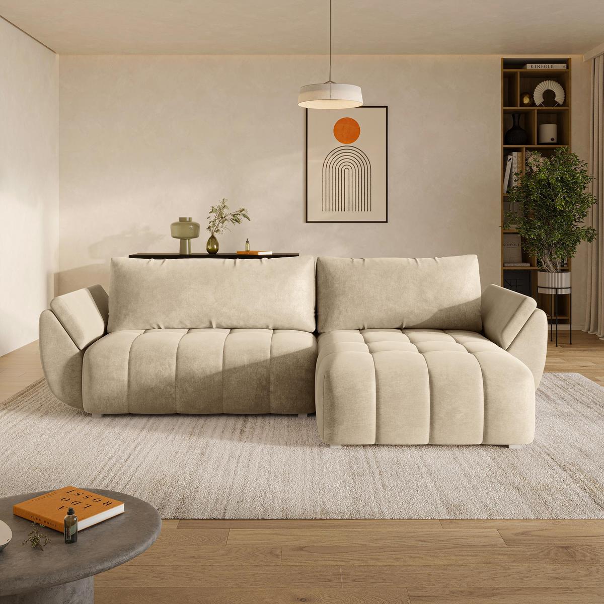 ECKSOFA OLSI Creme Velours-Stoff mit Schlaffunktion - Creme, Holz (285/148cm) - MASSENO