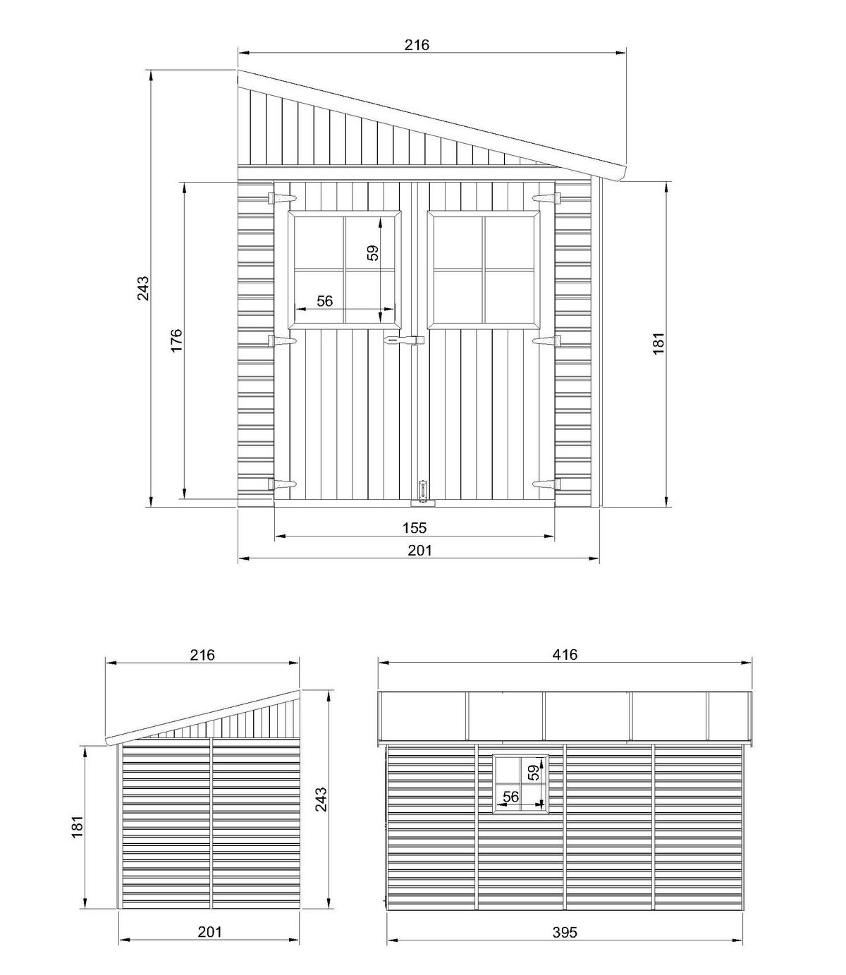 HOLZ-GARTENHAUS (ohne Seitenwand) - H244x211x416 cm/8 m2 - M340 - Beige, Holz (216/243/395cm) - Timbela