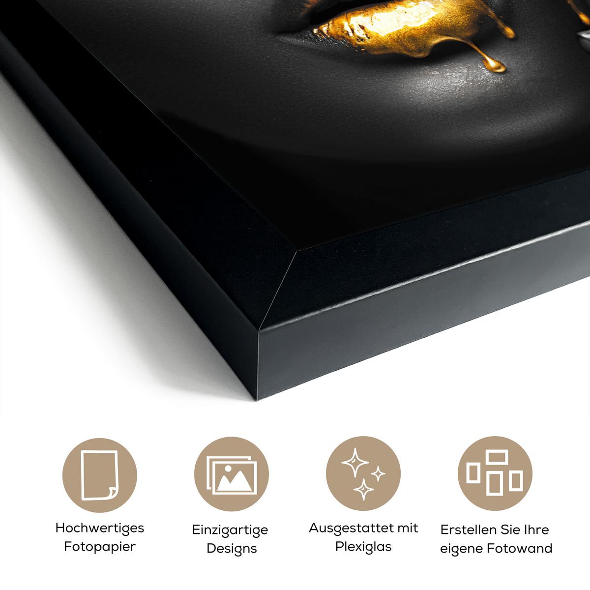 POSTER MIT RAHMENGERAHMTES BILD Frau - Schwarz - Gold - Gesicht - Lippen 30x20 cm - Goldfarben, Papier (30/20cm) - MuchoWow