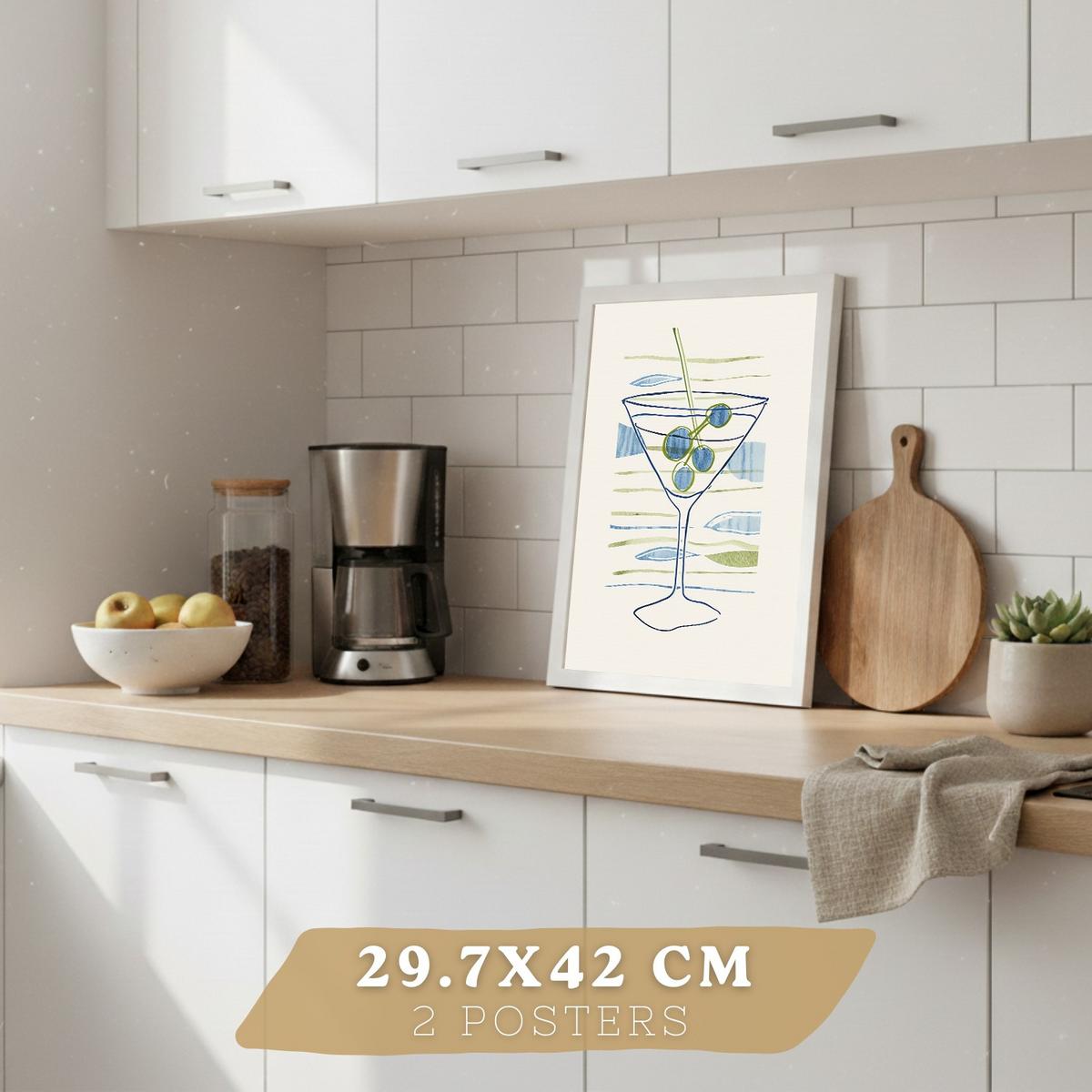POSTER 2er Set Küchen-Wandbilder Fische Strichzeichnung und Martini Aquarell Minimalistisch Wanddeko Rahmenlos A3 - Weiß, Papier (29.7/1/42cm) - Nacnic