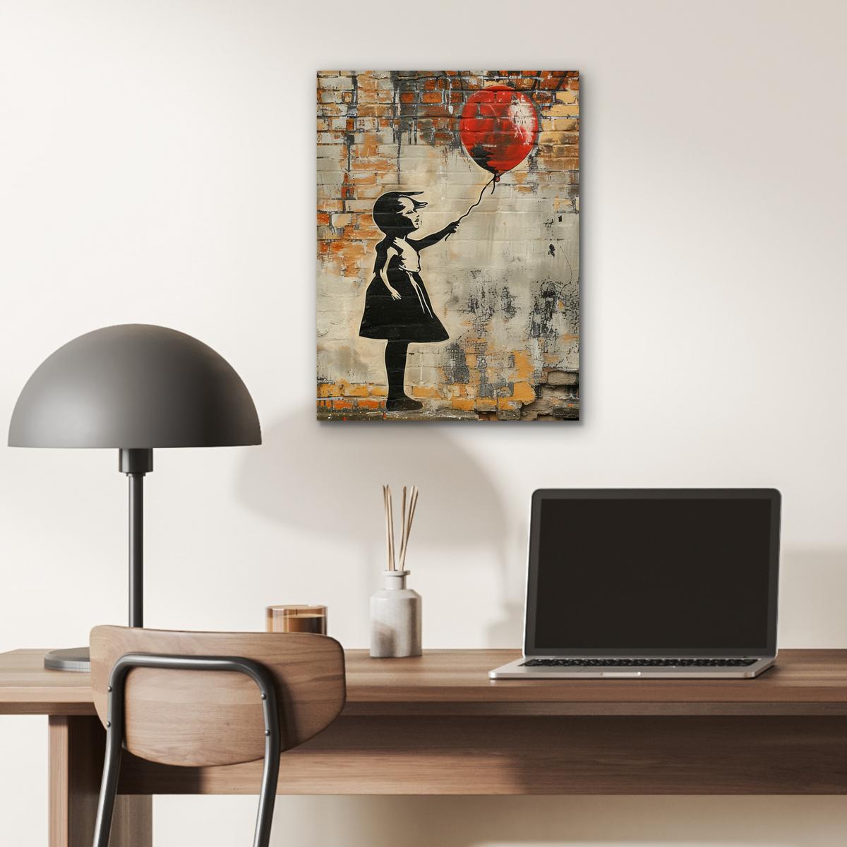 METALLBILD Graffiti - Banksy - Mädchen - Straßenkunst 30x40 cm - Sandfarben, Metall (30/40cm) - MuchoWow