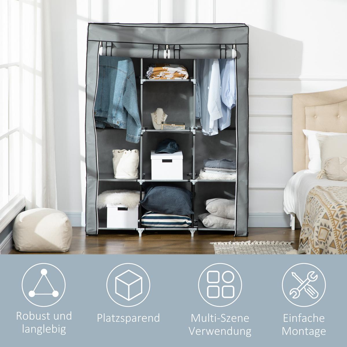 STOFFSCHRANK, Faltschrank, Kleiderschrank mit Kleiderstangen, 8 Ebenen Hellgrau - Hellgrau, Metall (43/162.5/125cm) - HOMCOM