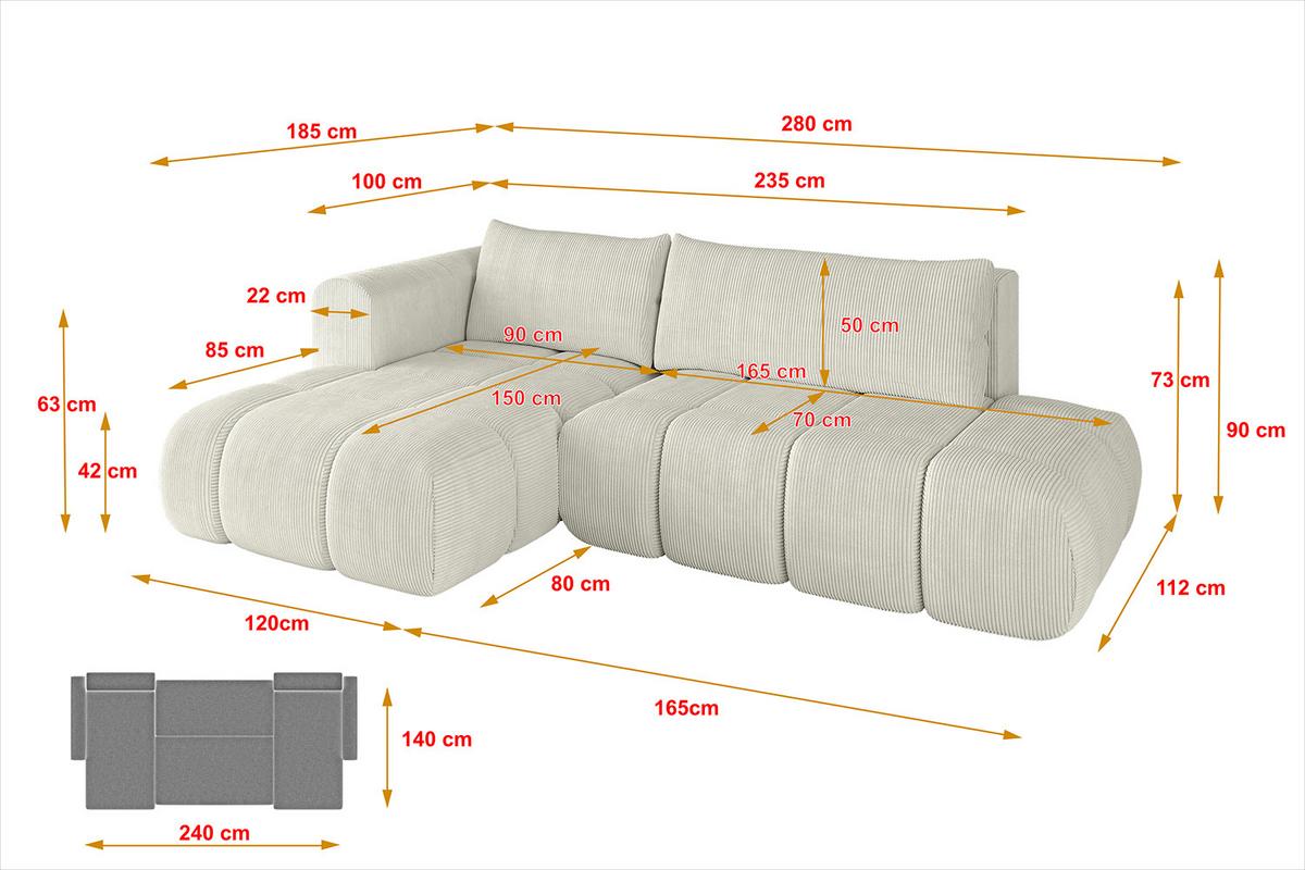 ECKSOFA Ottomane Links CLOUD-L 280x185x90 Creme Cord - Hellgrau/Creme, Holzwerkstoff/Kunststoff (180/289cm) - ALTDECOR