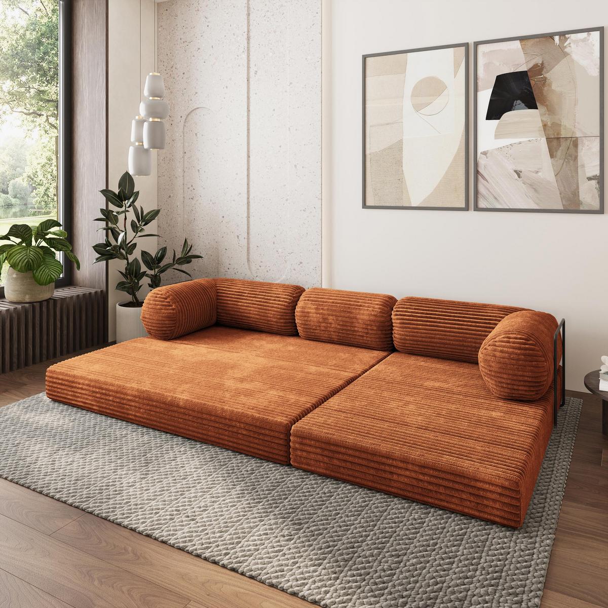 ECKSOFA ETERA modulares Boneless Sofa mit Schlaffunktion Braun Kordstoff - Braun, Textil (270/160cm) - MASSENO