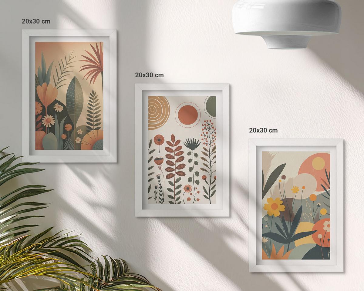 BILDER SET 3er Set - 20x30 cm Weißer Rahmen - Boho-Pflanzenmuster Natur - Weiß, Kunststoff (20/30cm) - TULUP