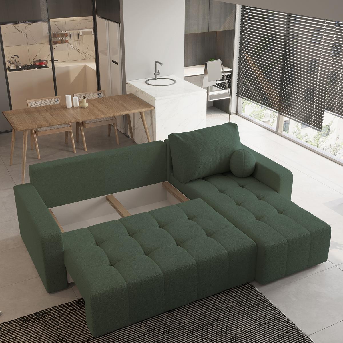 ECKSOFA VOLIRA Grün Boucle-Stoff mit Schlaffunktion - Grün, Holz (230/143cm) - MASSENO