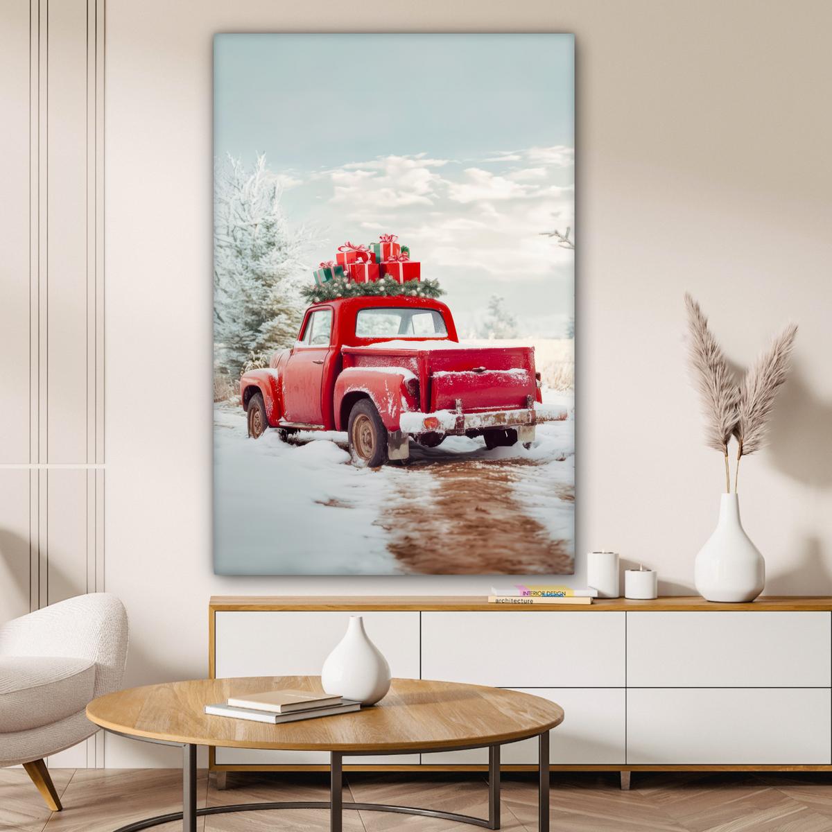 LEINWANDBILD Auto - Rot - Geschenke - Winter - Schnee - Weihnachten Deko XXL 80x120 cm - Rot, Textil (80/120cm) - MuchoWow
