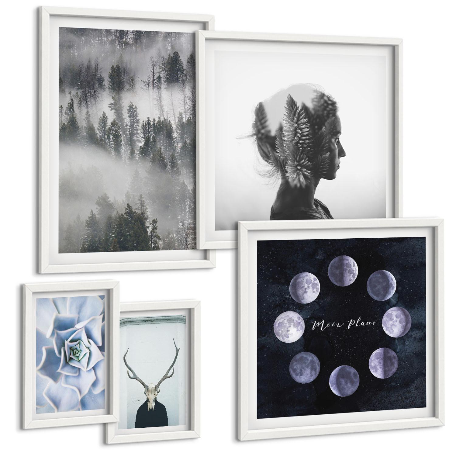 BILDER SET 5er Set - 50x50 cm & 20x30 cm & 40x60 cm Weißer Rahmen - Waldnebel, Mond, Schädel, Frau - Weiß, Kunststoff (40/60cm) - TULUP