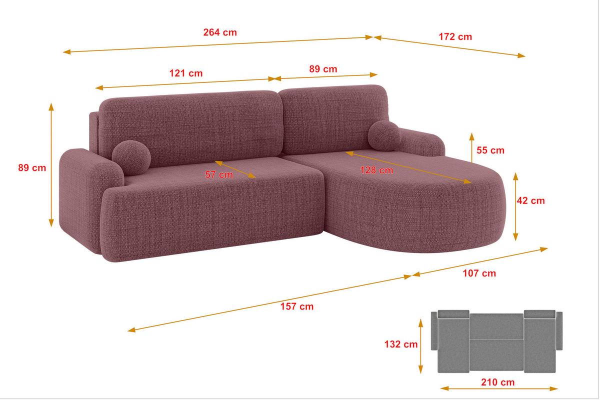 ECKSOFA mit Schlaffunktion und Bettkasten LIRA-L - 264x172x89 Altrosa - Altrosa, Holzwerkstoff/Textil (172/264cm) - ALTDECOR