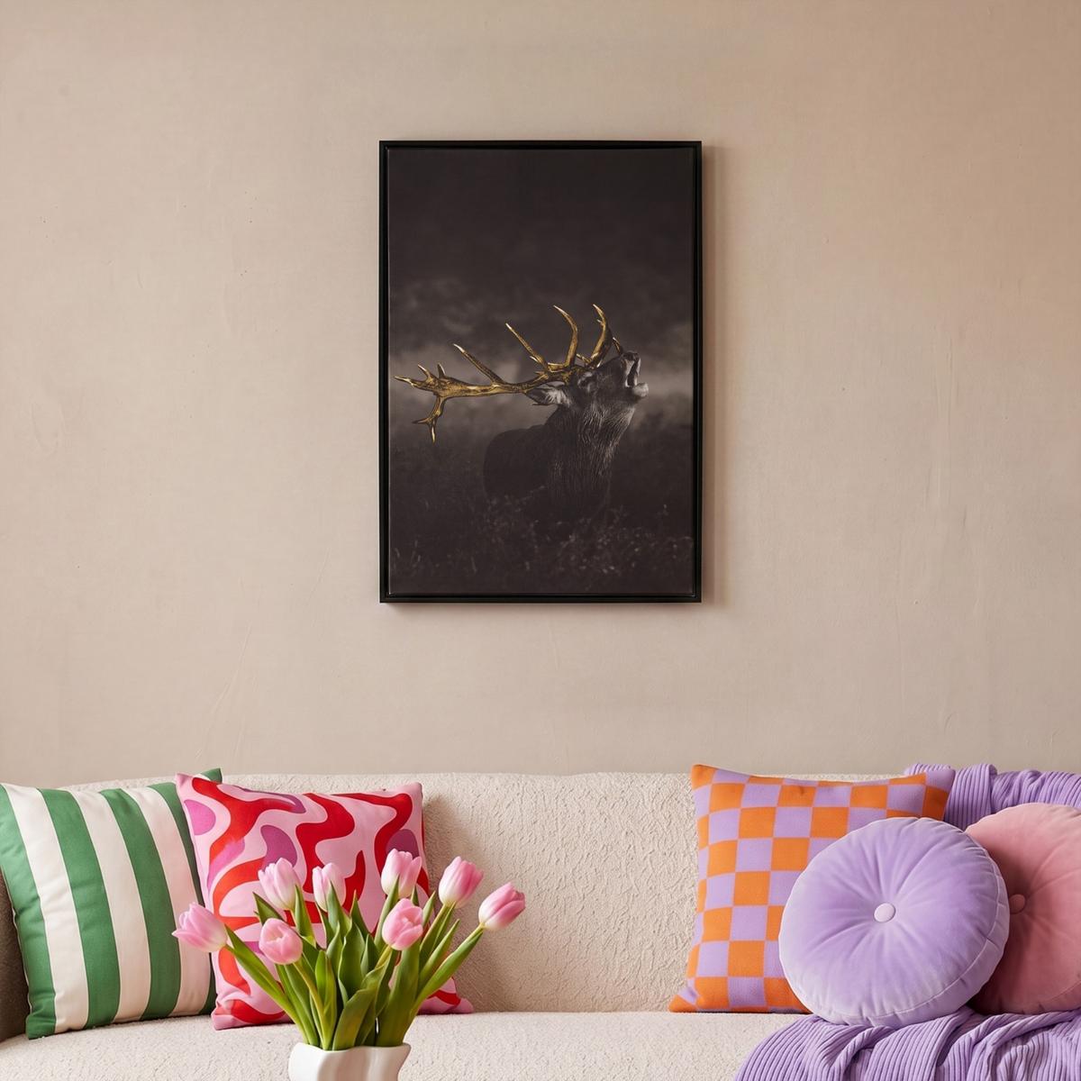 LEINWAND Bilder mit Rahmen - Rotwild - Schwarz - Gold - 40x60 - Braun, Textil (40/60cm) - MuchoWow