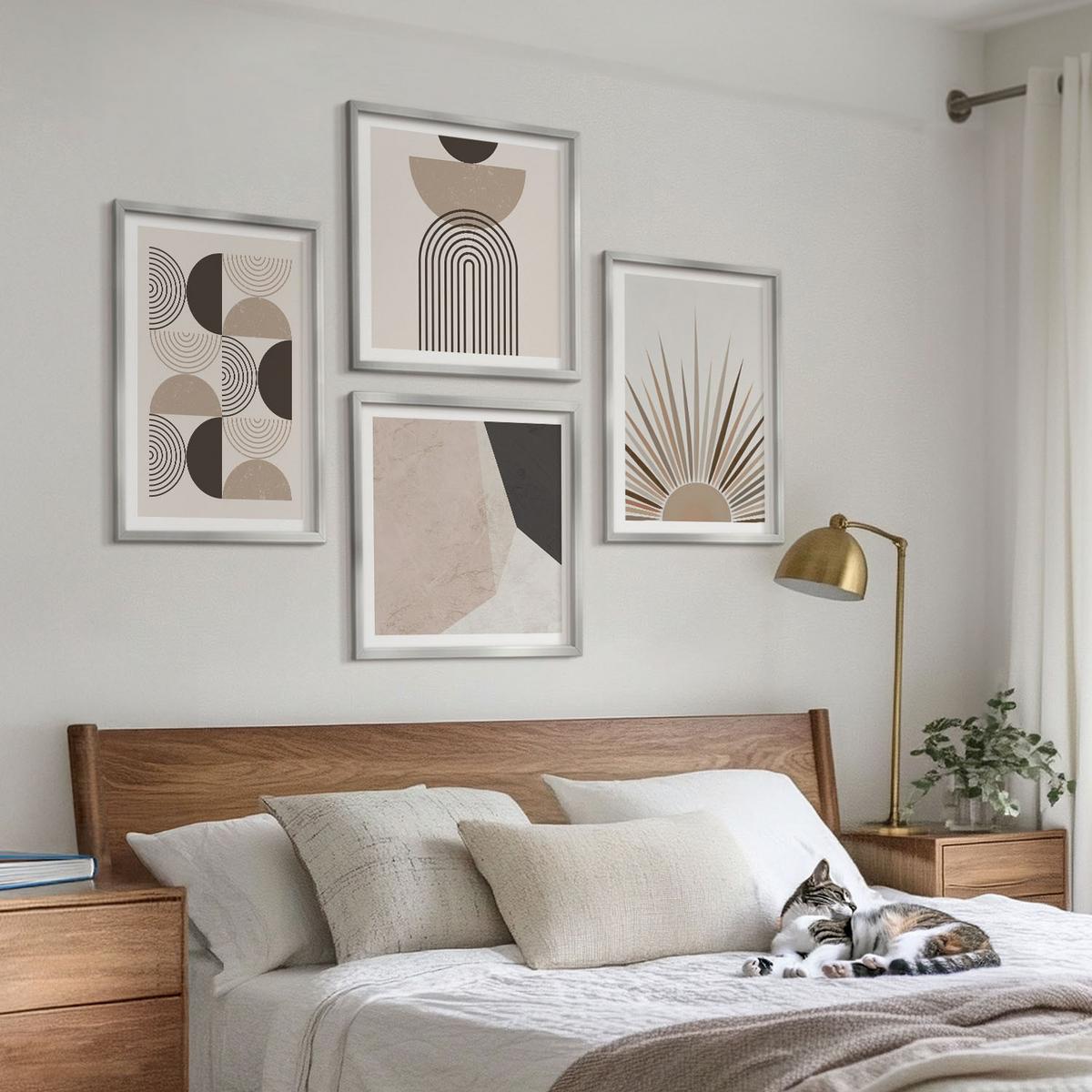 BILDER SET 4er Set - 50x50 cm & 40x60 cm Silberner Rahmen - Abstrakte beige und braune Formen - Silberfarben, Kunststoff (50/50cm) - TULUP