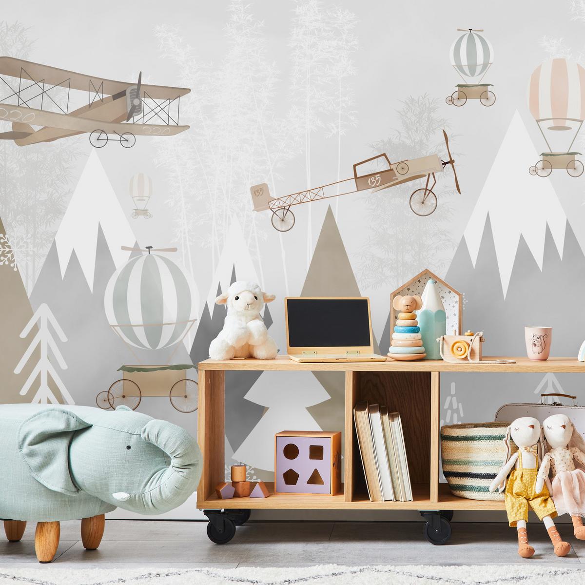FOTOTAPETE für Kinderzimmer Flugzeuge Bergen Bäume 150x105 - Beige/Braun, Papier (150/105cm) - Muralo
