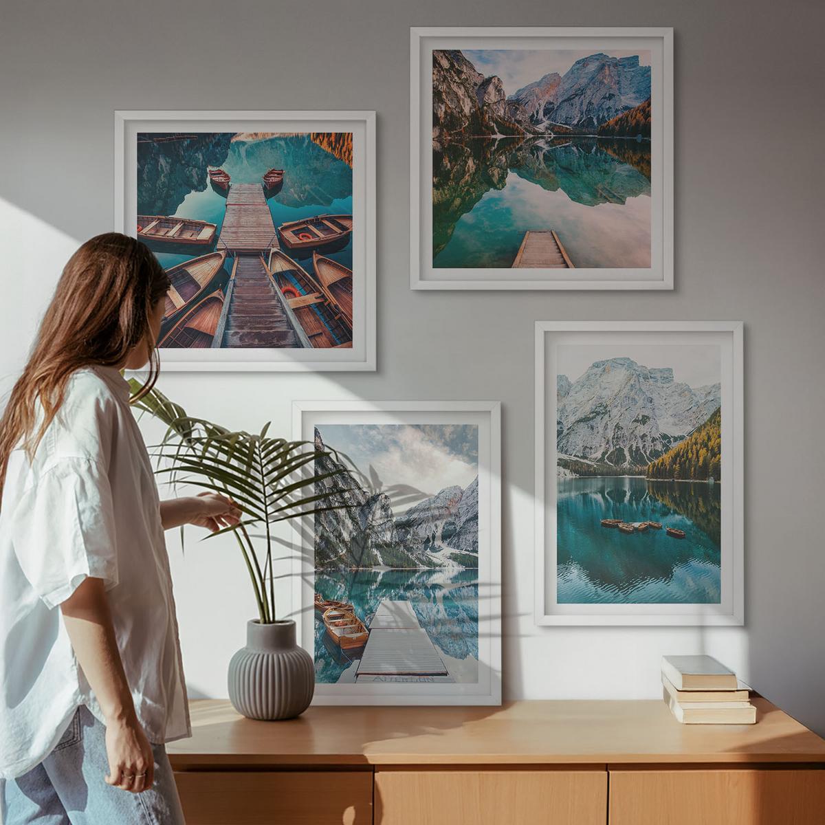 BILDER SET 4er Set - 50x50 cm & 40x60 cm Weißer Rahmen - See, Brücken, Berge - Weiß, Kunststoff (50/50cm) - TULUP