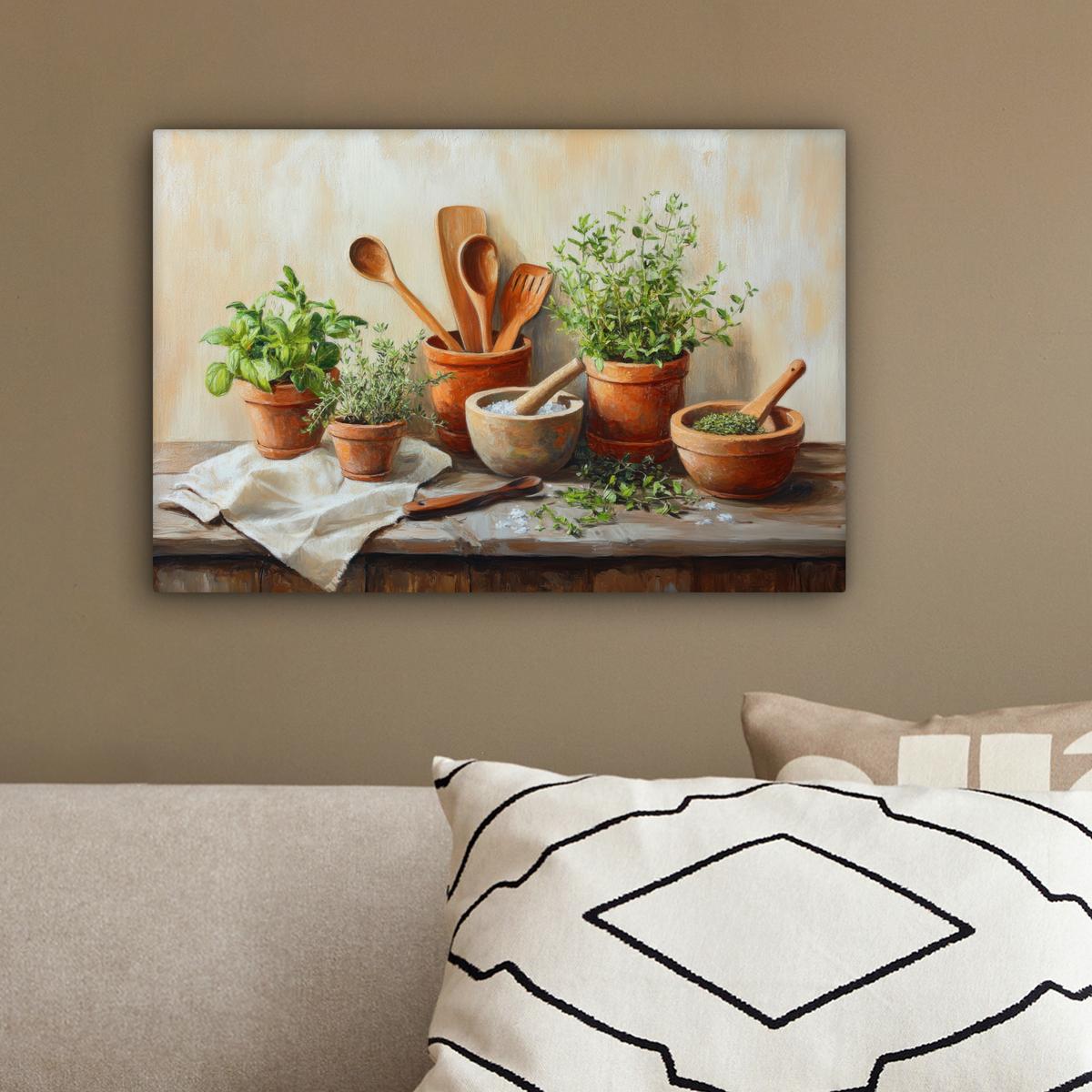 LEINWANDBILD Töpfe - Kräuter - Holz Deko Schlafzimmer 30x20 cm - Terracotta, Textil (30/20cm) - MuchoWow