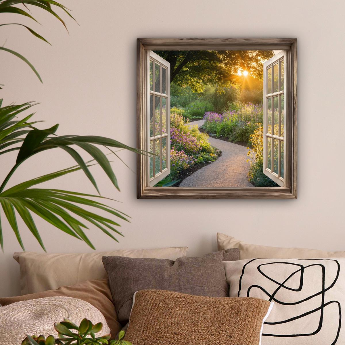 LEINWANDBILD Aussicht - Blumen - Natur - Sonne - Weg Wandbild Wohnzimmer 50x50 cm - Hellgelb, Textil (50/50cm) - MuchoWow