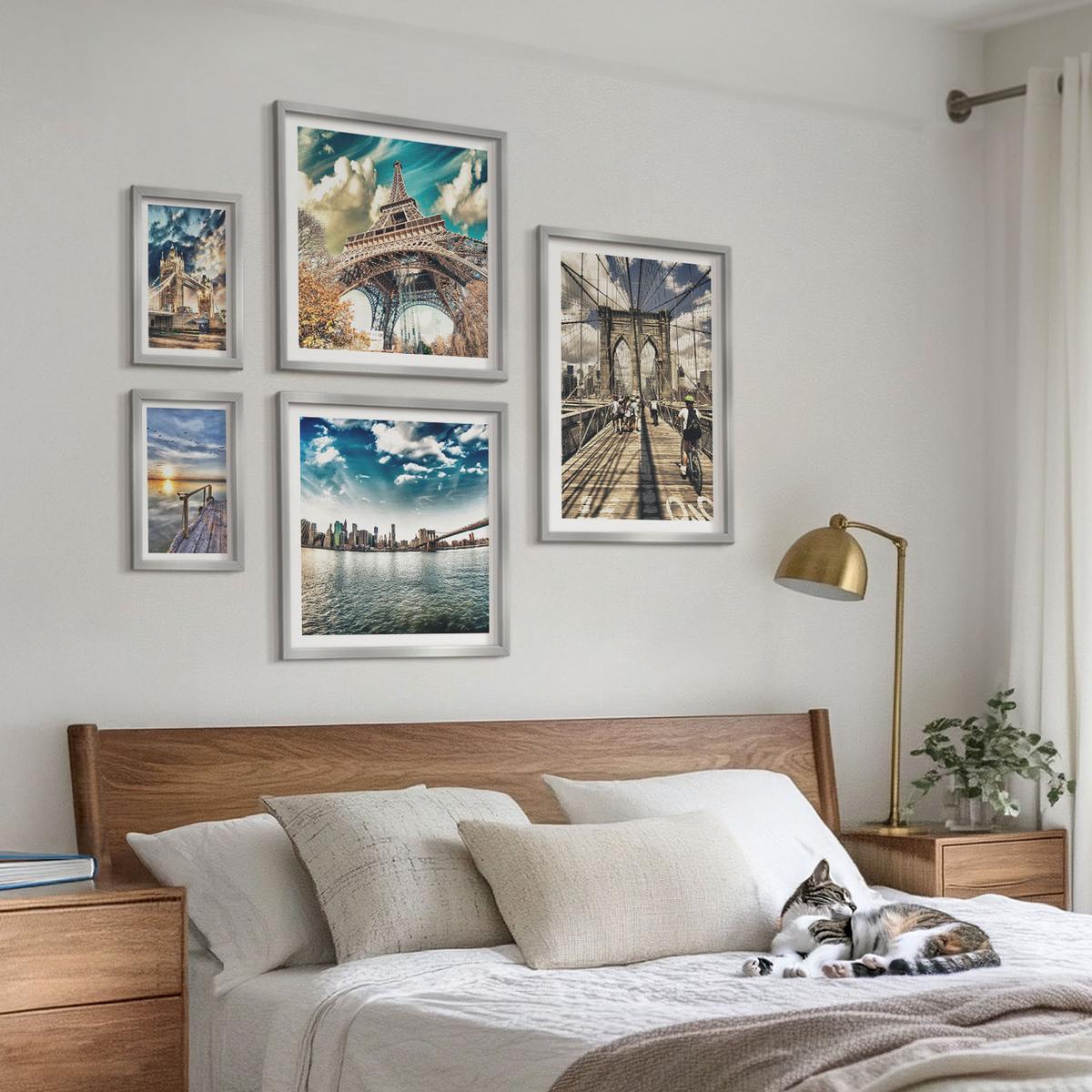 BILDER SET 5er Set - 50x50 cm & 20x30 cm & 40x60 cm Silberner Rahmen - Abstrakte geometrische Formen - Silberfarben, Kunststoff (40/60cm) - TULUP