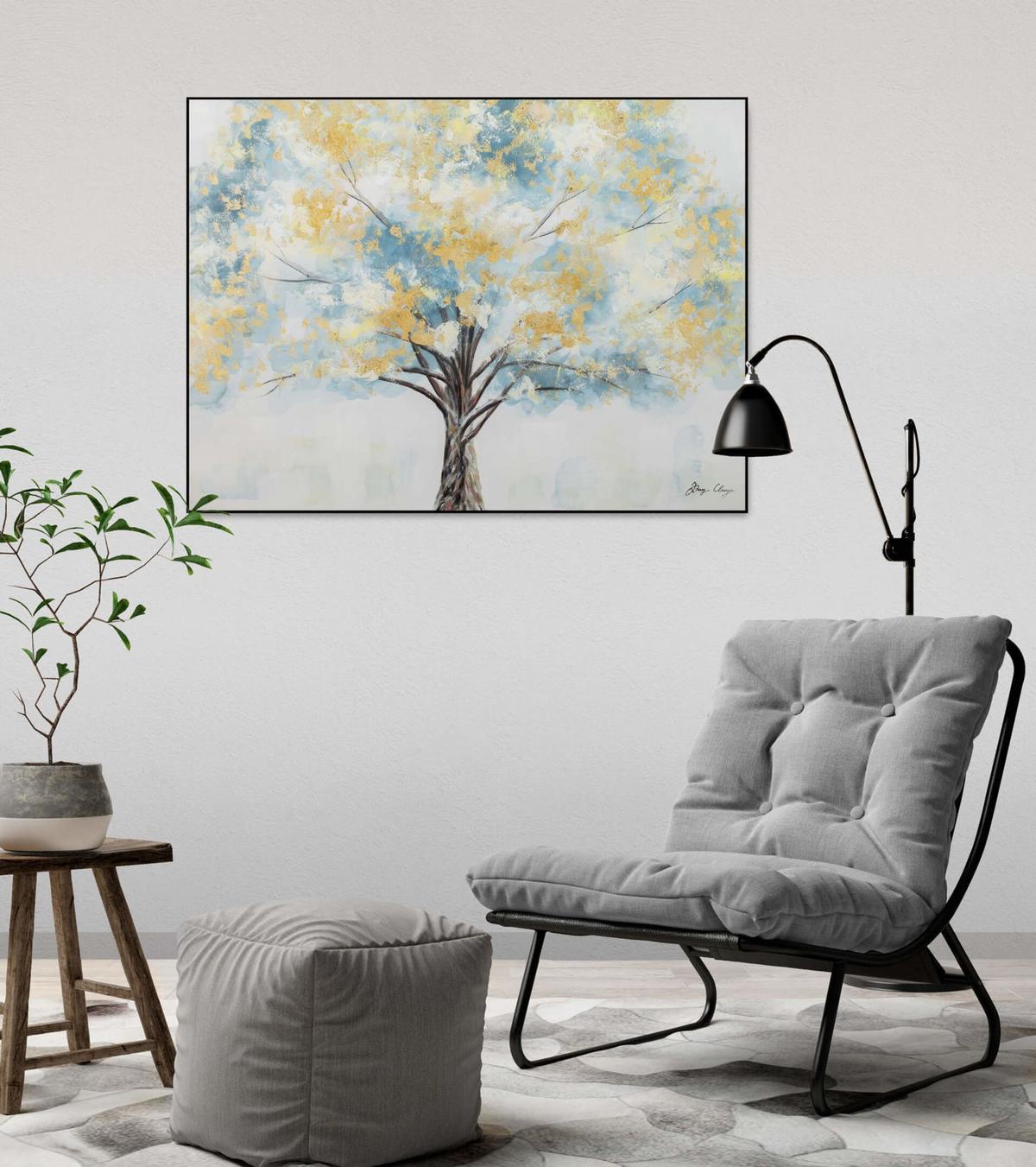 ACRYLBILD HANDGEMALT 100/75 cm - Türkis/Goldfarben, Holz/Textil (100/75cm) - KUNSTLOFT