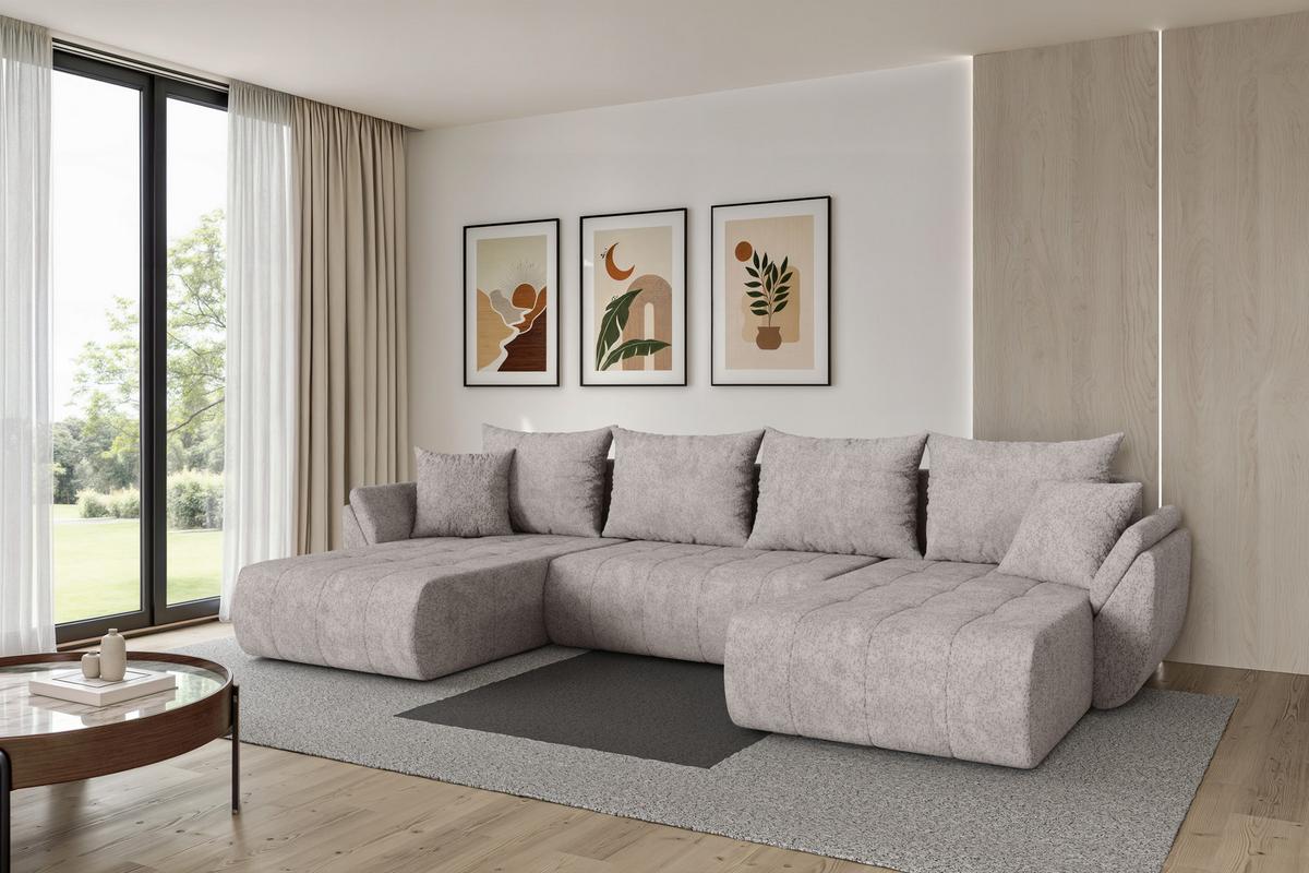 WOHNLANDSCHAFT mit Schlaffunktion und Bettkasten TOKO-U 378x194x86 Hellgrau Velours - Hellgrau/Schwarz, Holzwerkstoff/Kunststoff (378/86/194cm) - ALTDECOR