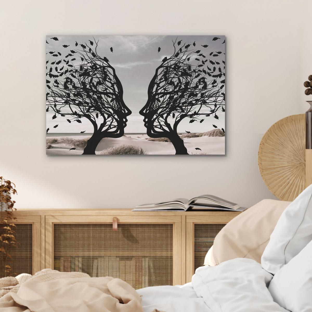 AKUSTIKBILD Strand - Meer - Menschen - Baum - Moderne Kunst Wanddeko 70x50 cm - Hellgrau, Kunststoff (70/50/0.9cm) - MuchoWow