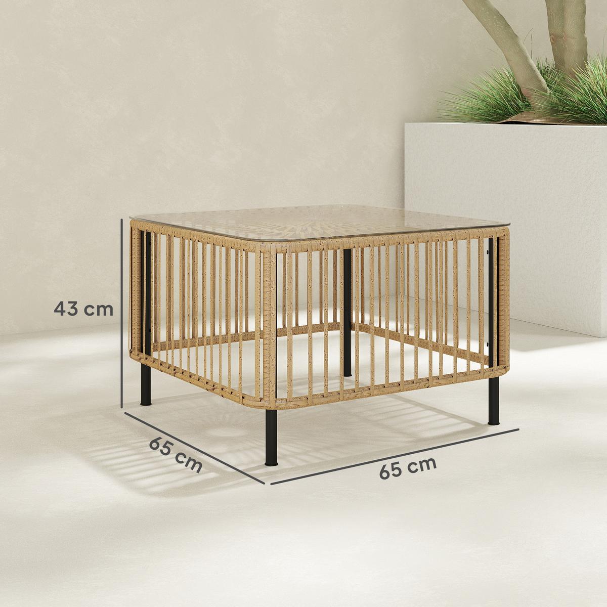 POLYRATTAN Gartentisch, 65 x 65 x 43 cm, wetterfest Beistelltisch quadrarisch - Naturfarben, Metall (65/65/43cm) - Outsunny
