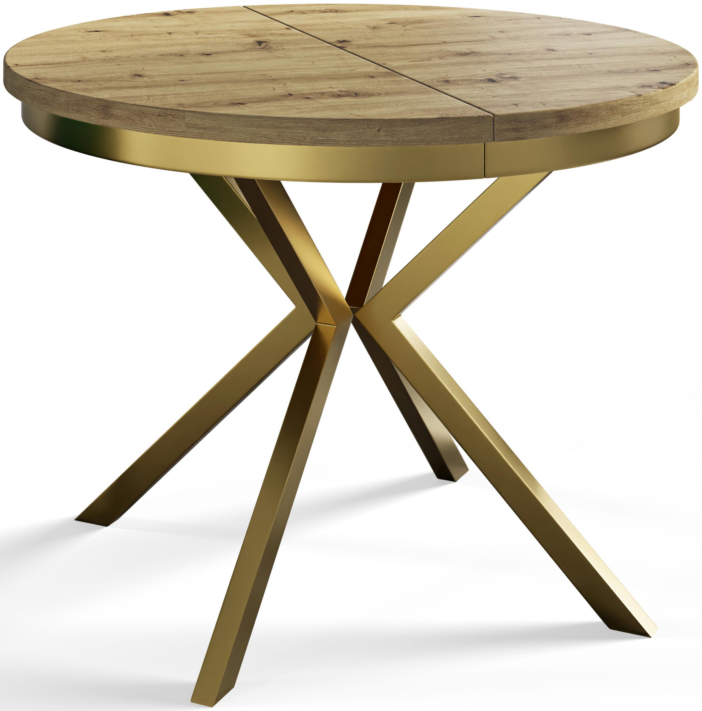 RUNDER Esszimmertisch BERGO, ausziehbarer Tisch Durchmesser: 100 cm/180 cm, Wohnzimmertisch Farbe: Mattbraun, mit Metallbeinen in Farbe Gold - Hellbraun/Goldfarben, Holzwerkstoff (100/100/76cm) - Alpi-Möbel