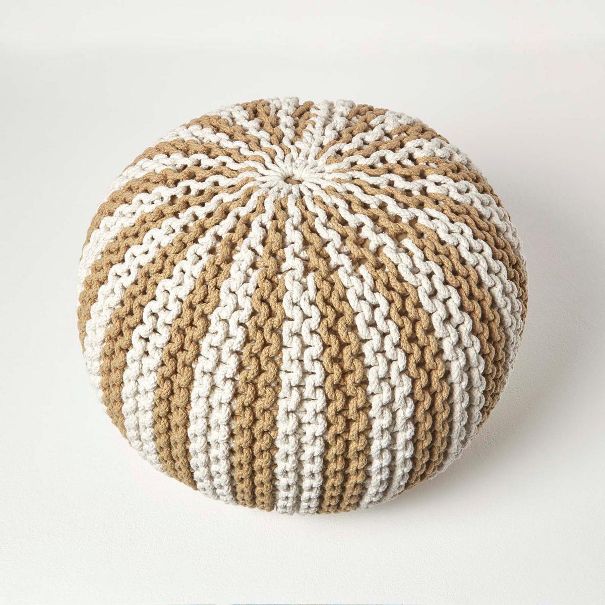 STRICKPOUF rund, beige-creme gestreift, 40/40/35 cm - Beige, Textil (40/35/40cm) - Homescapes
