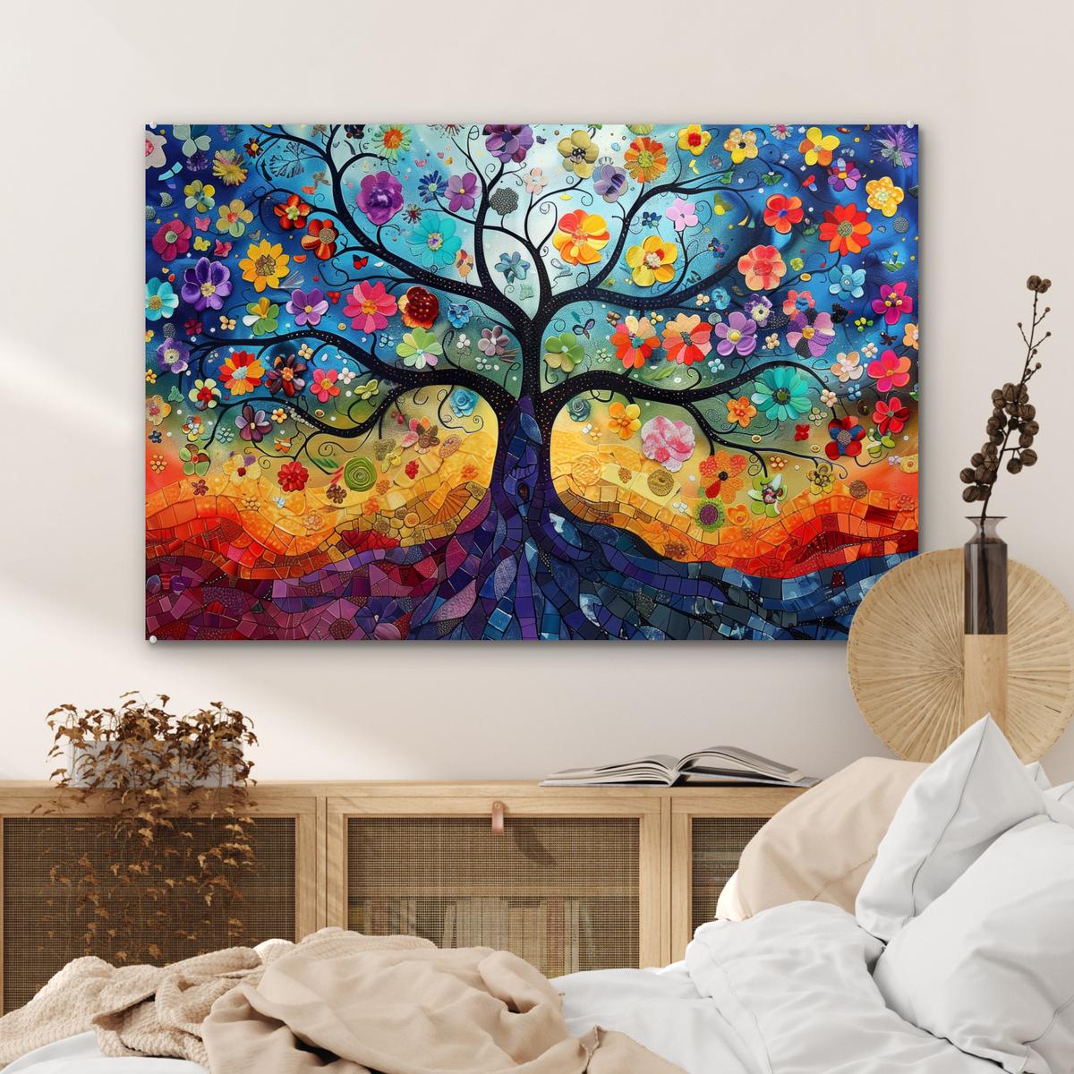 ACRYLGLASBILD Kunst - Baum des Lebens - Blumen - Hippie Room Decor 90x60 cm - Dunkelblau, Glas (90/60cm) - MuchoWow
