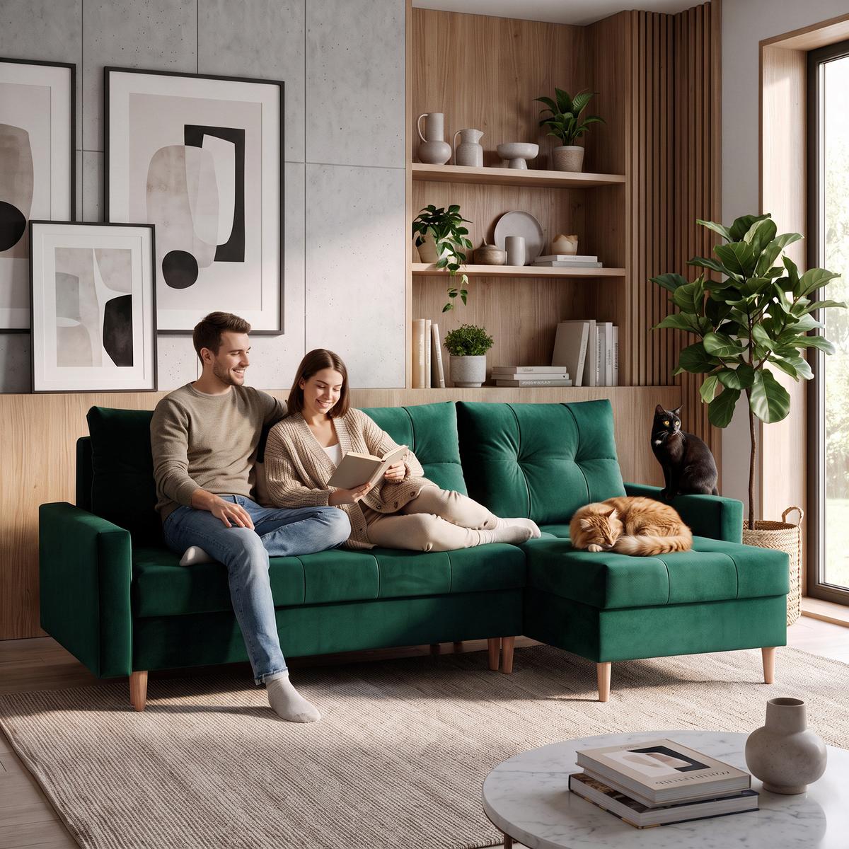 ECKSCHLAFSOFA Halant mit Bettkasten, universelle Ottomane, Veloursstoff, Dunkelgrün - Dunkelgrün, Textil (220/140cm) - Beautysofa