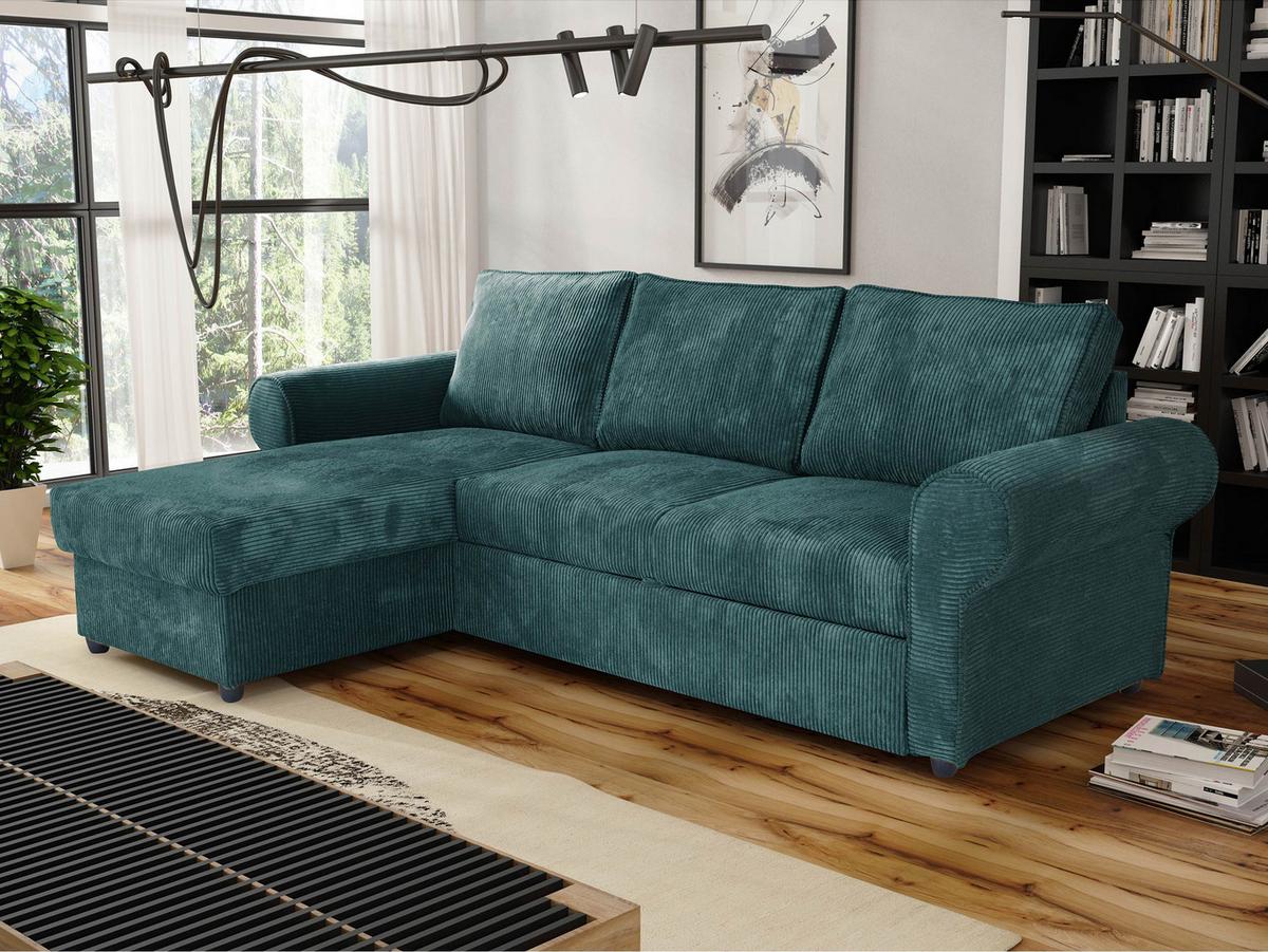 ECKSOFA Monaco Cord - Türkis/Schwarz, Holz/Textil (246/155cm) - MIRJAN24