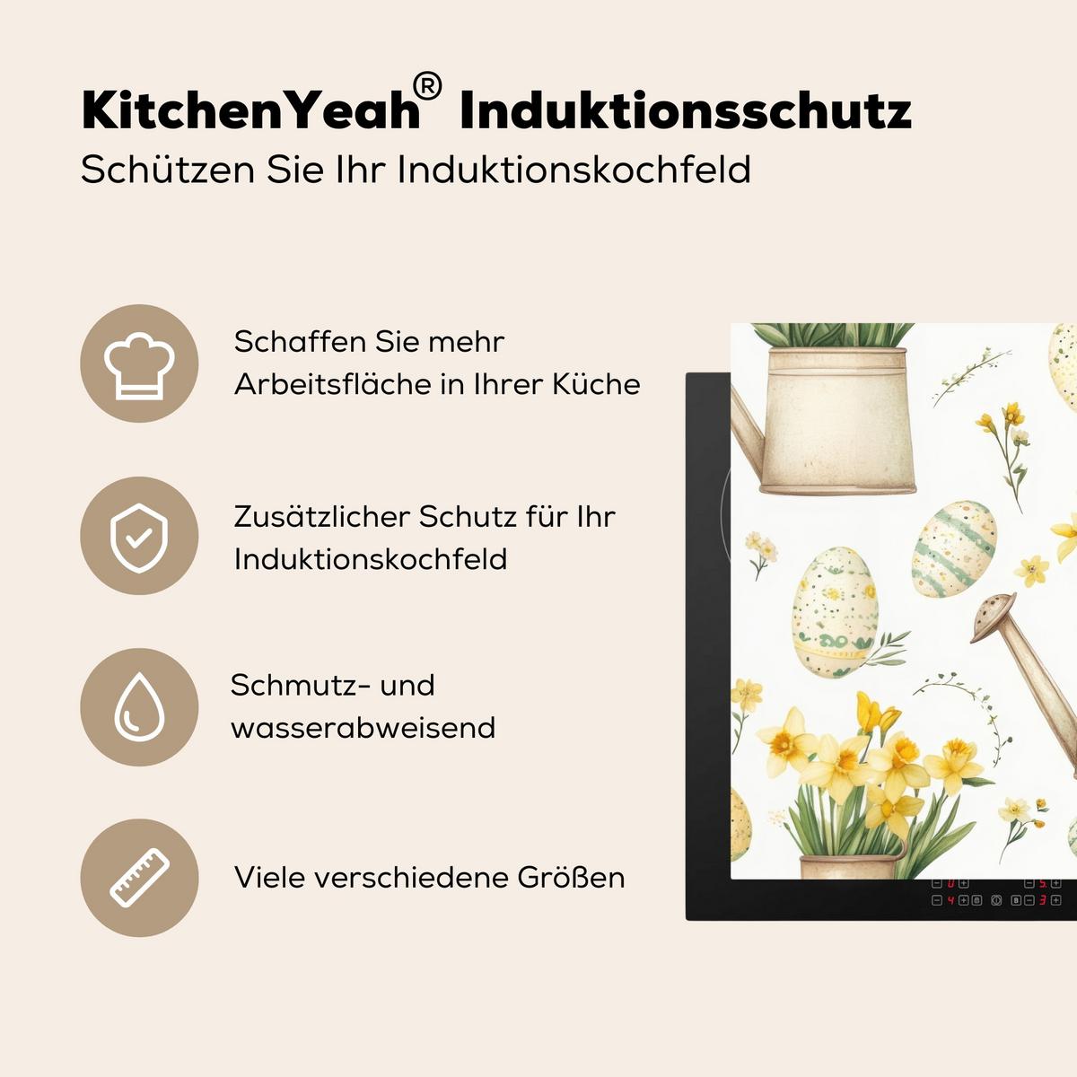 HERDABDECKPLATTE Gießkanne - Blumen - Eier Induktionsschutz 81.6x52.7 cm - Weiß, Kunststoff (81.6/52.7/0.2cm) - MuchoWow
