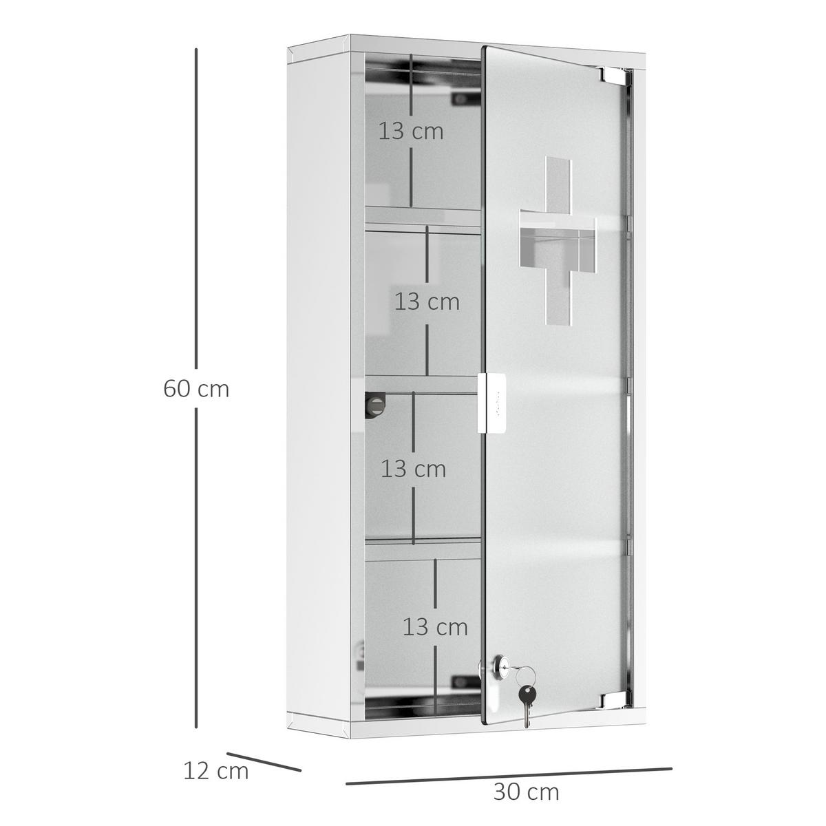 MEDIZINSCHRANK Arzneischrank Erste Hilfe mit Schloss Edelstahl 30 x 12 x 60 cm - Silberfarben, Glas (12/60/30cm) - HOMCOM