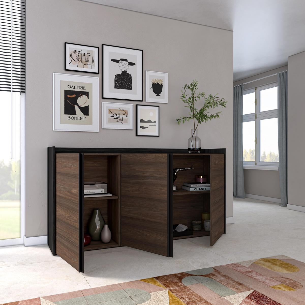 SIDEBOARD, Dunkler Eiche und Schwarz, 156/35/80cm - Dunkelbraun, Holzwerkstoff (156/80/35cm) - Skraut Home