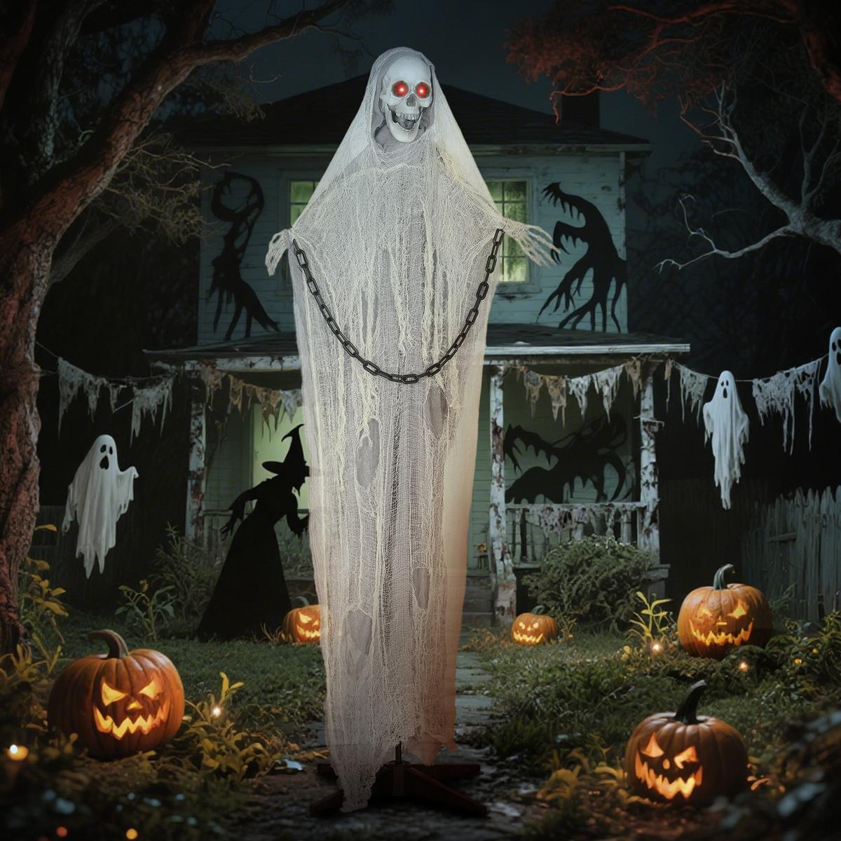 HALLOWEEN-DEKORATION Sensenmann 183 cm mit LED-Lichter, Soundfunktion - Grau, Textil (16/183/70cm) - Outsunny