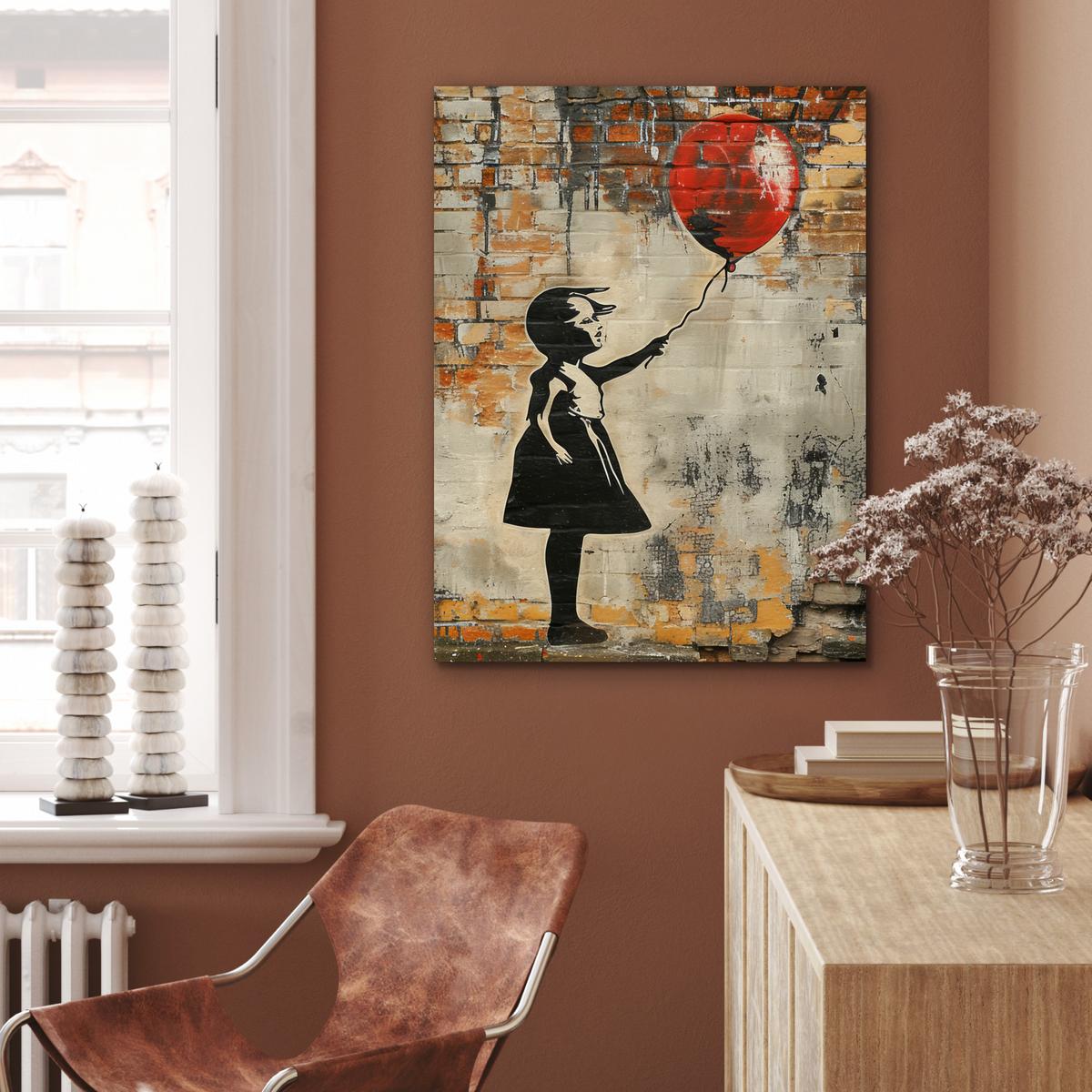 METALLBILD Graffiti - Banksy - Mädchen - Straßenkunst 60x80 cm - Sandfarben, Metall (60/80cm) - MuchoWow