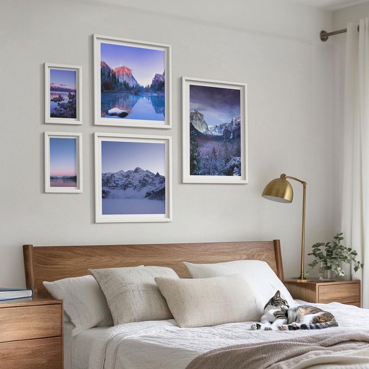 BILDER SET 5er Set - 50x50 cm & 20x30 cm & 40x60 cm Weißer Rahmen - Berglandschaften, Sonnenuntergang, Wasser - Weiß, Kunststoff (40/60cm) - TULUP