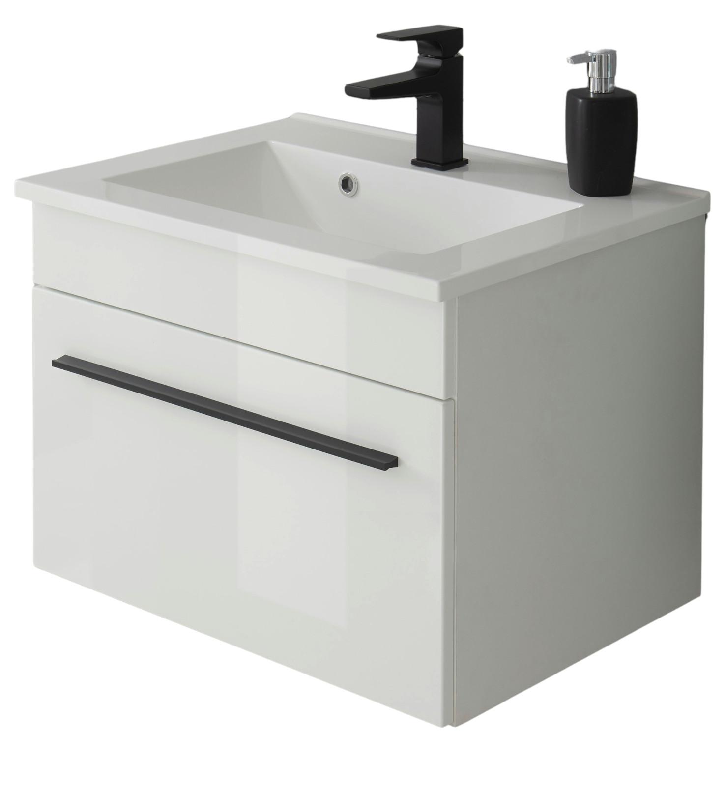 WASCHBECKENUNTERSCHRANK Waschbecken weiß Hochglanz, Waschtisch Set hängend, 60 x 44 cm - Weiß Hochglanz/Schwarz, Holzwerkstoff/Kunststoff (60/45/47cm) - Furn.Design