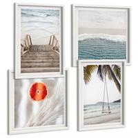 BILDER SET 4er Set - 50x50 cm & 40x60 cm Weißer Rahmen - Strandatmosphäre dank hölzerner Treppen. - Weiß, Kunststoff (50/50cm) - TULUP