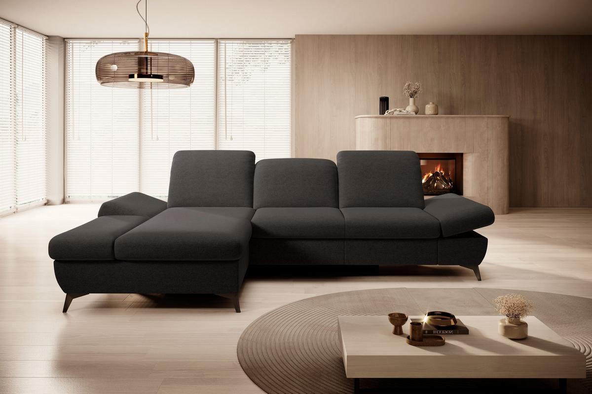 ECKSOFA FELICE L-S Grau Geflochtener Stoff mit Schlaffunktion - Grau, Holz (284/166cm) - MASSENO