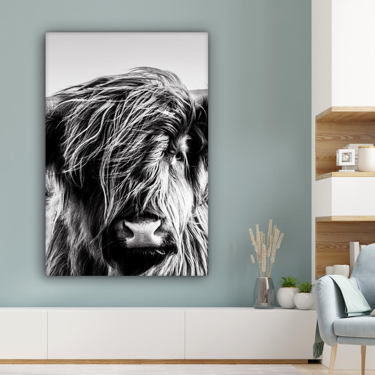 LEINWANDBILD Kuh - Schottischer Hochländer - Schwarz - Weiß - Tier - Natur - Wildtiere Deko XXL 80x120 cm - Schwarz, Textil (80/120cm) - MuchoWow