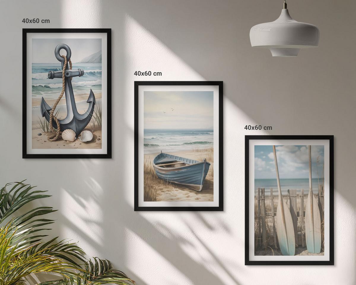 BILDER SET 3er Set - 40x60 cm Schwarzer Rahmen - Anker, Boot, Ruder, Strand - Schwarz, Kunststoff (40/60cm) - TULUP
