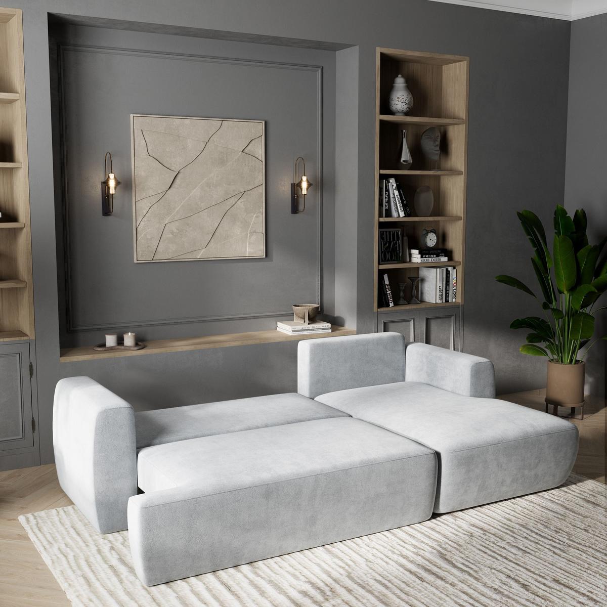 ECKSOFA SENTI K R-S Hellgrau Plüsch-Stoff mit Schlaffunktion - Hellgrau/Schwarz, Holz/Kunststoff (246/148cm) - MASSENO