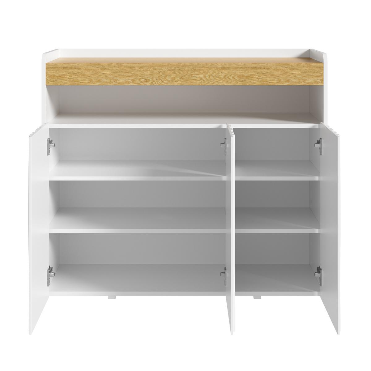 SIDEBOARD Weiß & Natur mit LED-Beleuchtung 3 Türen Wellenmuster Schuhschrank - Weiß, Holzwerkstoff (105/90.5/35cm) - Urban Meuble