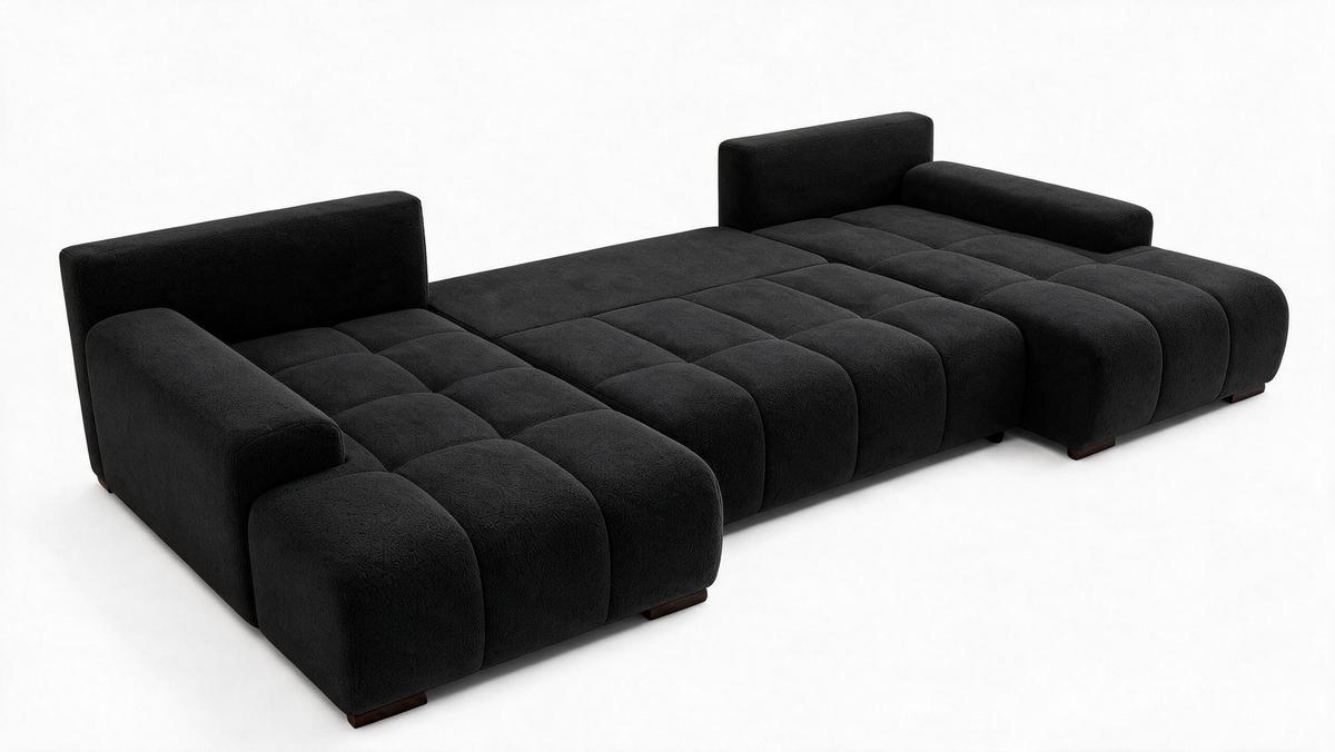 WOHNLANDSCHAFT OVIA U mit Bettkasten und Schlaffunktion, Bouclé-Stoff in U-Form - Schwarz, Textil (350/80/185cm)