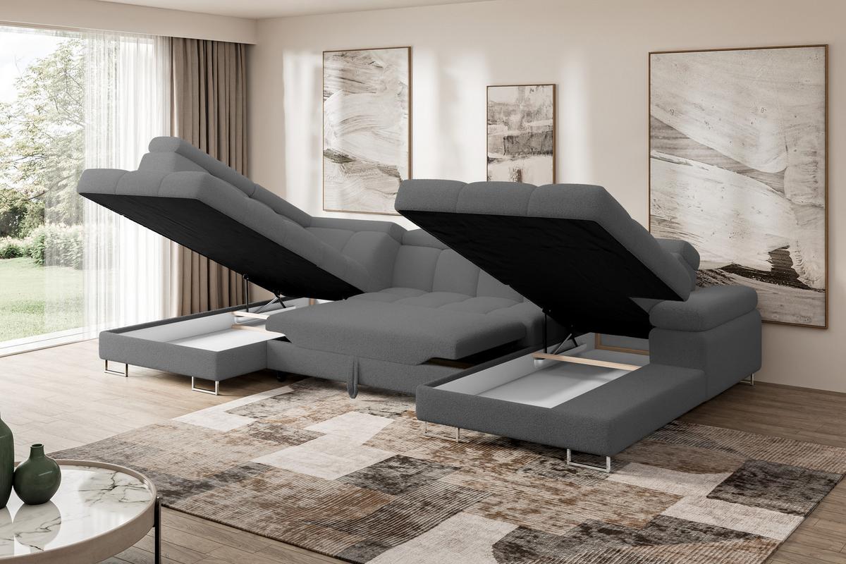 WOHNLANDSCHAFT mit Schlaffunktion und Bettkasten Ottomane Links COMA U 345x203x79 Grau Bouclé - Chromfarben, Holzwerkstoff/Textil (345/79/203cm) - ALTDECOR