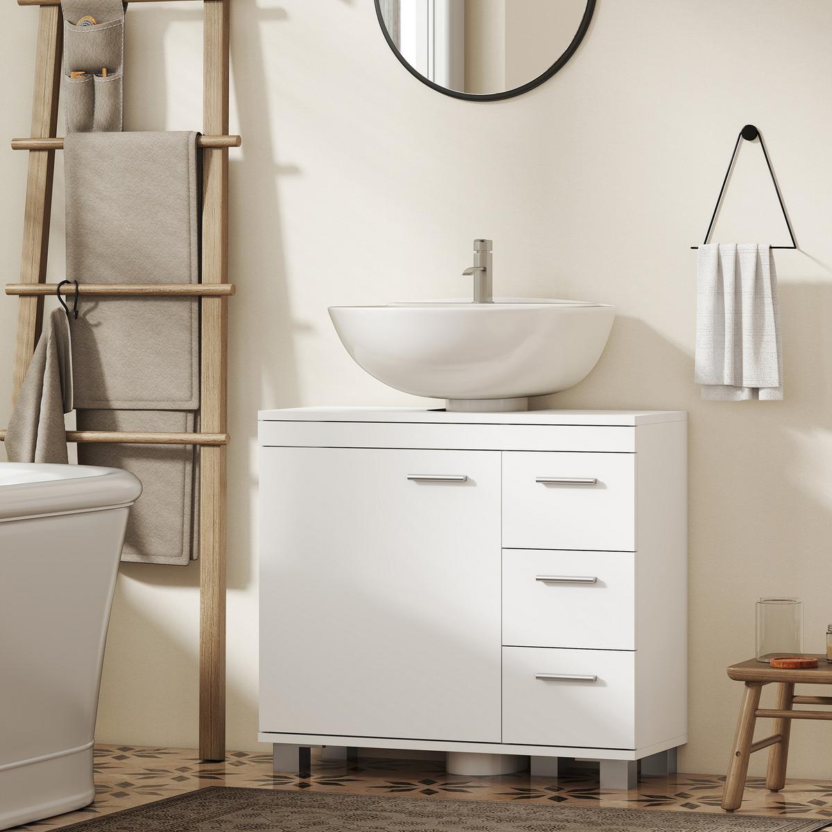 WASCHBECKENUNTERSCHRANK MDF Weiß - Silberfarben/Weiß, Holzwerkstoff/Kunststoff (30/64/70cm) - HOMCOM