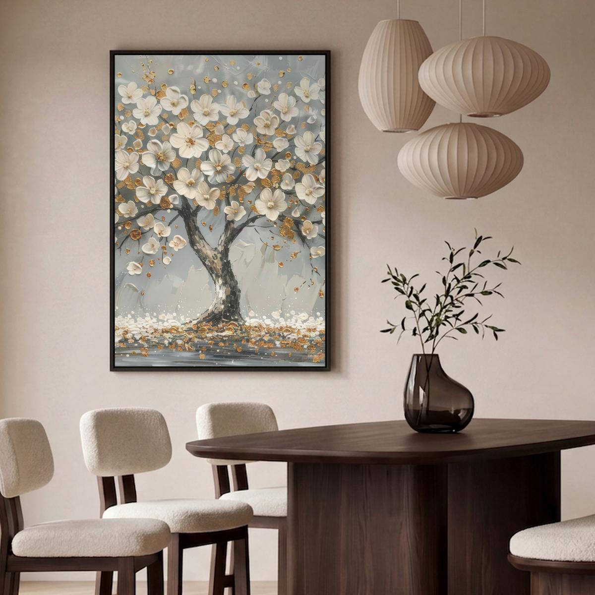LEINWAND Bilder mit Rahmen - Baum - Blumen - Weiß - Natur - Kunst - 100x150 - Weiß, Textil (100/150cm) - MuchoWow