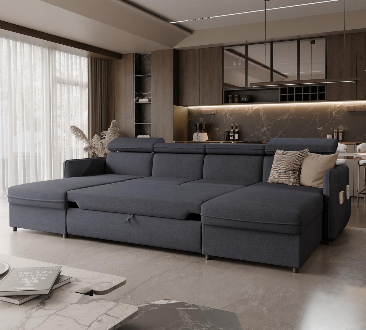 WOHNLANDSCHAFT U-Form Beni mit Schlaffunktion, Stoff Soro 97 Graphit - Dunkelgrau, Holzwerkstoff (286/60/166cm) - Idohome