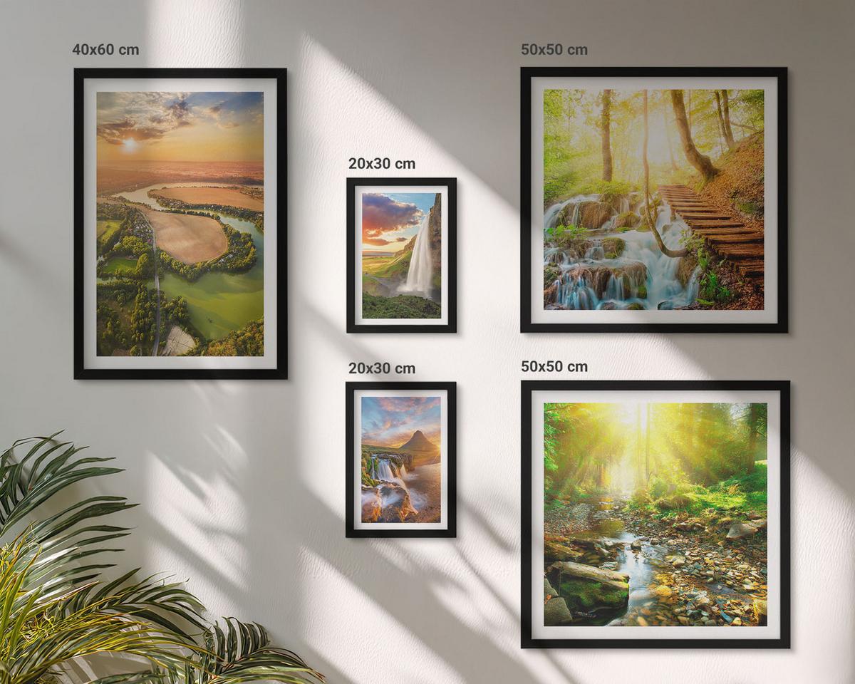 BILDER SET 5er Set - 50x50 cm & 20x30 cm & 40x60 cm Schwarzer Rahmen - Orange Mountain Wasserfall - Schwarz, Kunststoff (40/60cm) - TULUP